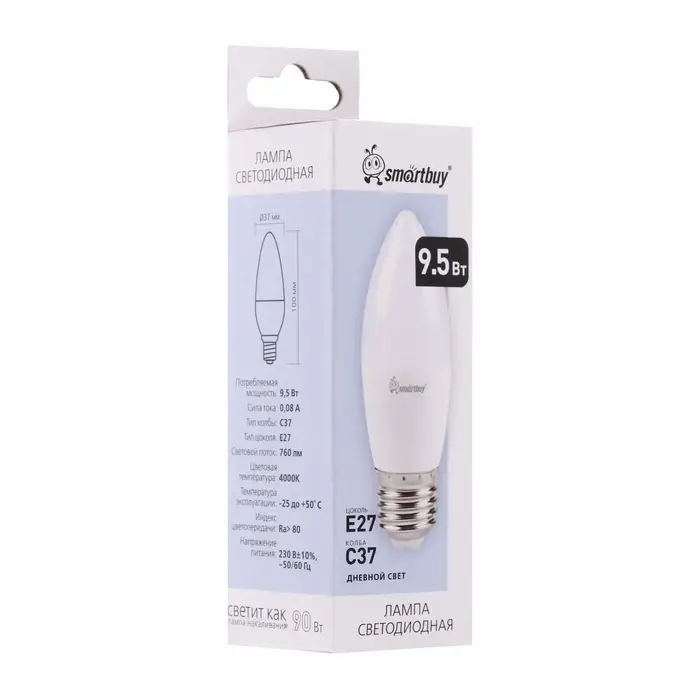 Лампа светодиодная Smartbuy, Е27, C37, 9.5 Вт, 4000К, свечение белое