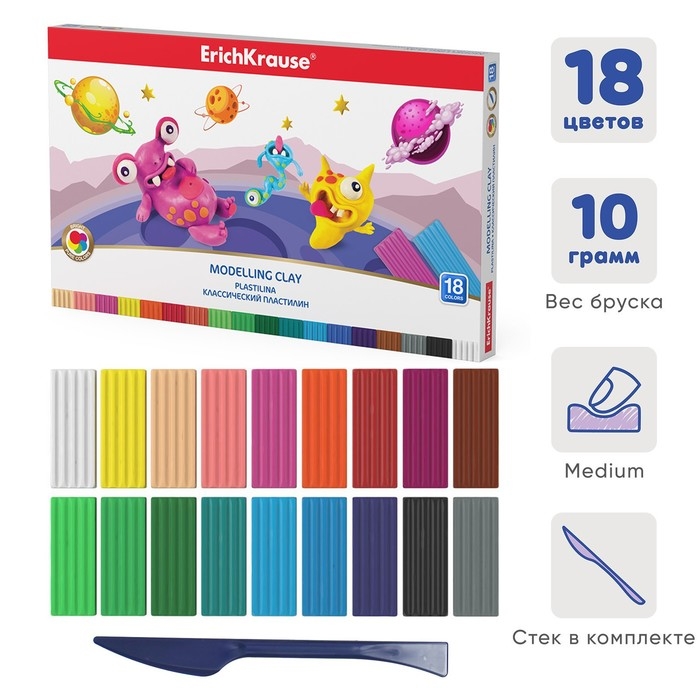 Пластилин 18 цвета, 180 г, ErichKrause Monsters, улучшенная формула, со стеком, в картонной упаковке Пластилин 18 цвета, 180 г, ErichKrause Monsters, улучшенная формула, со стеком, в картонной упаковке