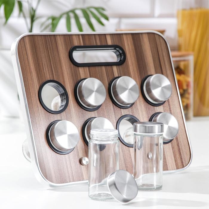 Набор для специй на подставке «Модерн», 29×12×18,5 см, ёмкость, 90 мл, 4×9,5 см, 8 шт Набор для специй на подставке «Модерн», 29×12×18,5 см, ёмкость, 90 мл, 4×9,5 см, 8 шт