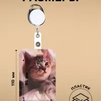 Бейдж - карман вертикальный внешний 110&times;68 мм, внутренний размер 85&times;54 мм, рулетка-карабин 60 см, пластиковый &laquo;Котик&raquo;