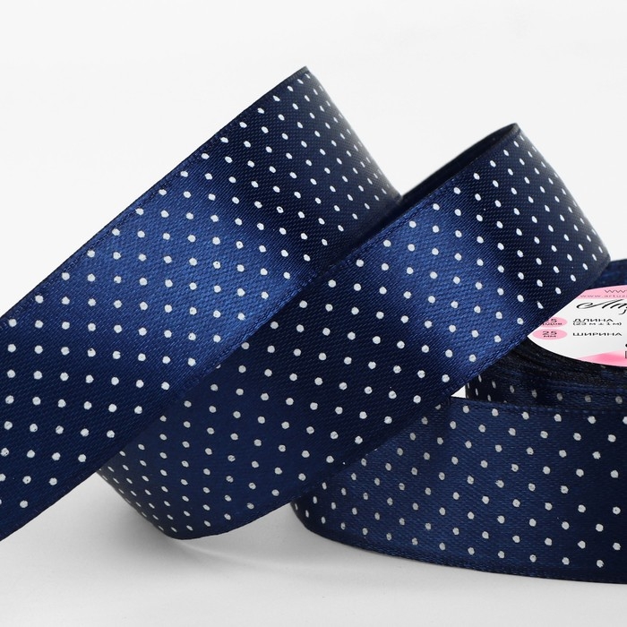 Лента атласная «Горошек», 25 мм × 23 ± 1 м, цвет синий №138 Лента атласная «Горошек», 25 мм × 23 ± 1 м, цвет синий №138