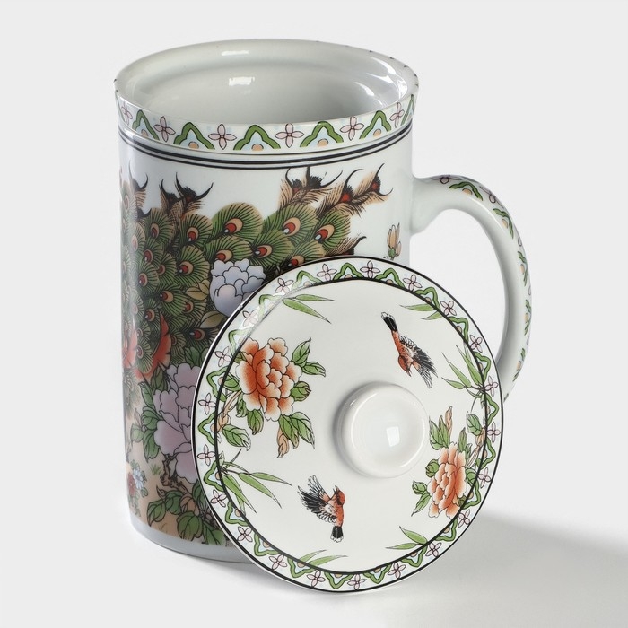 Кружка керамическая с крышкой и ситом «Цветы», 300 мл