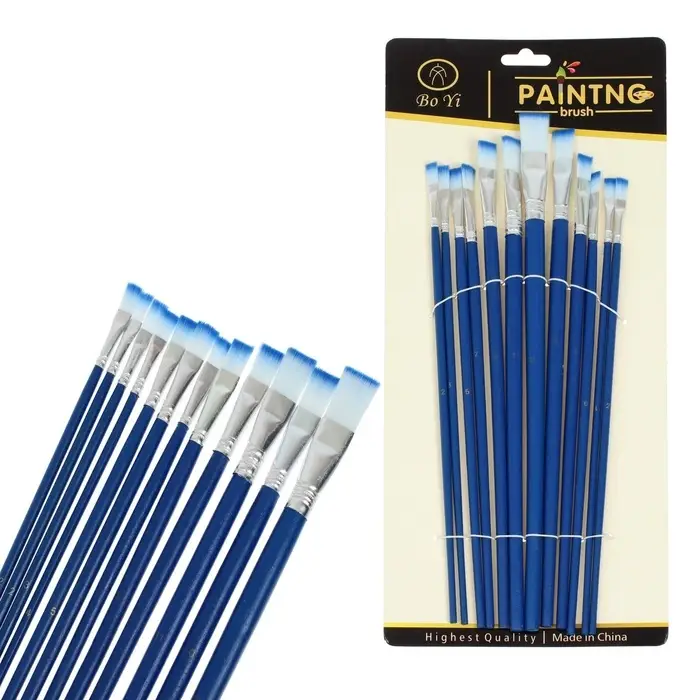 Набор кистей для рисования, нейлон, 12 штук: №1, 2, 3, 4, 5, 6, 7, 8, 9, 10, 11, 12, плоские, деревянная ручка, международный размер