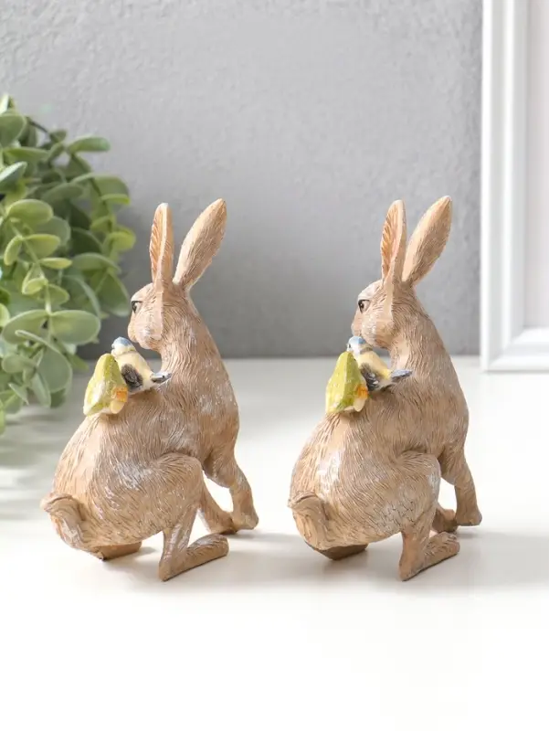 Сувенир полистоун "Кролик с синичками на спине" набор 2 шт 14х5,5х11,5 см