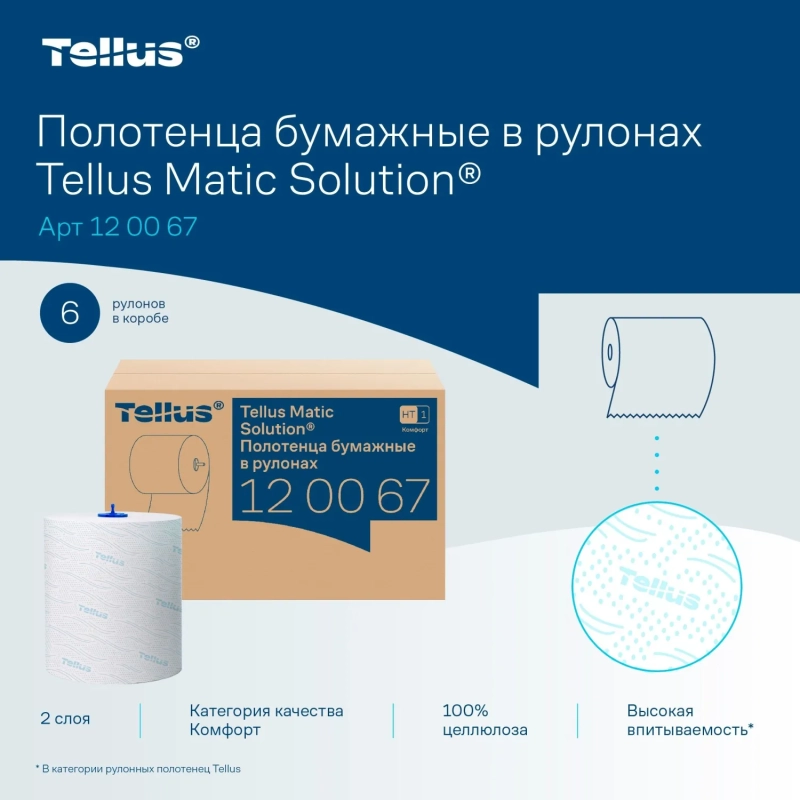 Полотенца бумажные д/держ.Торк/Tellus Матик H1 Комфорт в рул 6рул/уп 120067