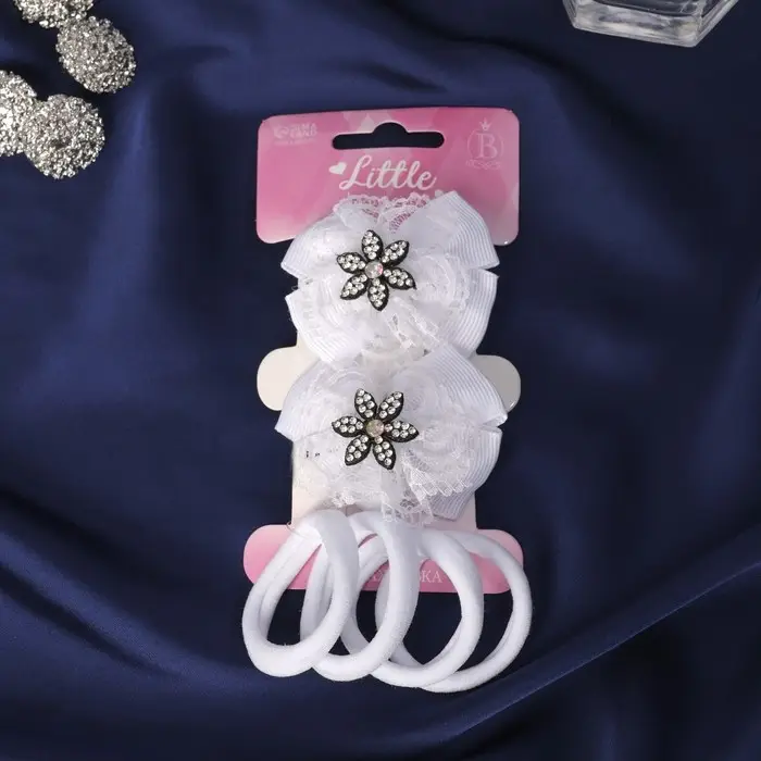 Набор для волос "Бантик страз" (2 зажима, 4 резинки) цветок, белый