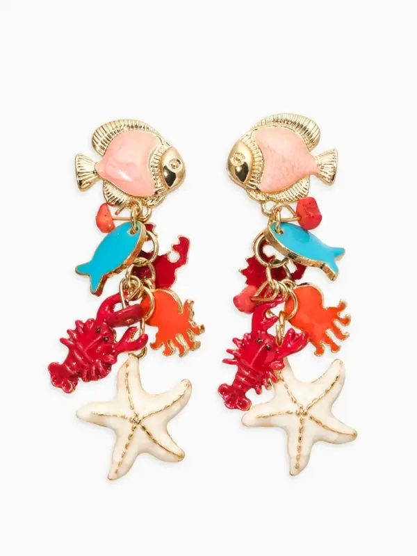 Серьги "Морской мир" рыбки, цветные в золоте