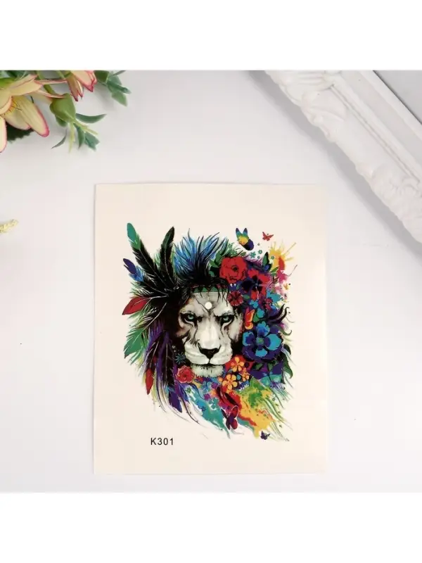 Переводная тату на тело цветная «Лев в цветах», 10×8 см