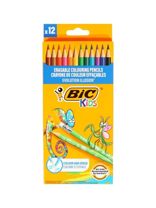 Карандаши 12 цветов BIC Kids Illusion, детские, шестигранные, с ластиком, стираемые