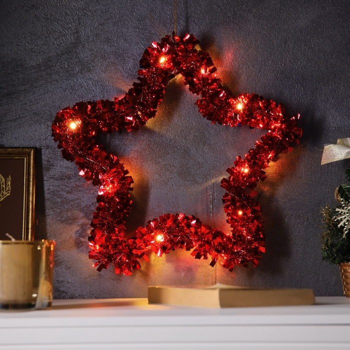 Светодиодная фигура из мишуры «Звезда красная» 30 × 5 см, 20 LED, батарейки AG10х3 (в комплекте), свечение тёплое белое Светодиодная фигура из мишуры «Звезда красная» 30 × 5 см, 20 LED, батарейки AG10х3 (в комплекте), свечение тёплое белое