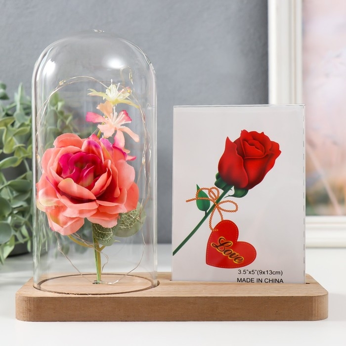 Фоторамка 9х13 см свет  Фоторамка 9х13 см свет "Розовая роза в колбе" от батареек 2хLR1130 9,8х19,5х18 см