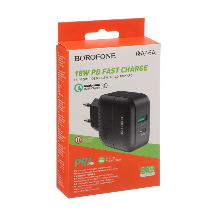 Сетевое зарядное устройство Borofone BA46A, USB QC3.0 3 А, Type-C PD 3 А, чёрное