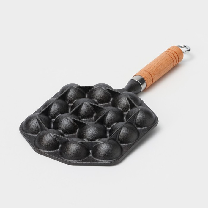 Сковорода чугунная «Сферос», 14 ячеек, 36×17×2,5 см, деревянная ручка