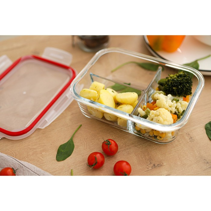 Контейнер для еды трёхсекционный из жаропрочного стекла Доляна &laquo;Клик&raquo;, 270/270/350 мл, 21&times;16&times;7 см, с крышкой