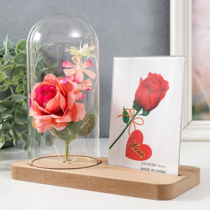 Фоторамка 9х13 см свет  Фоторамка 9х13 см свет "Розовая роза в колбе" от батареек 2хLR1130 9,8х19,5х18 см