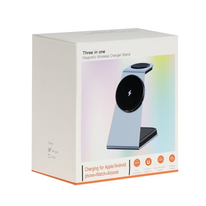 Беспроводное зарядное устройство T3, 3 в 1, 15 Вт + 5 Вт + 5 Вт,  MagSafe, серебристое Беспроводное зарядное устройство T3, 3 в 1, 15 Вт + 5 Вт + 5 Вт,  MagSafe, серебристое