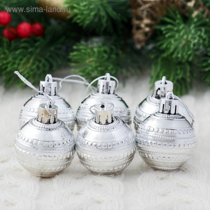 Набор шаров пластик d-4 см, 6 шт Набор шаров пластик d-4 см, 6 шт "Бусинка" серебро