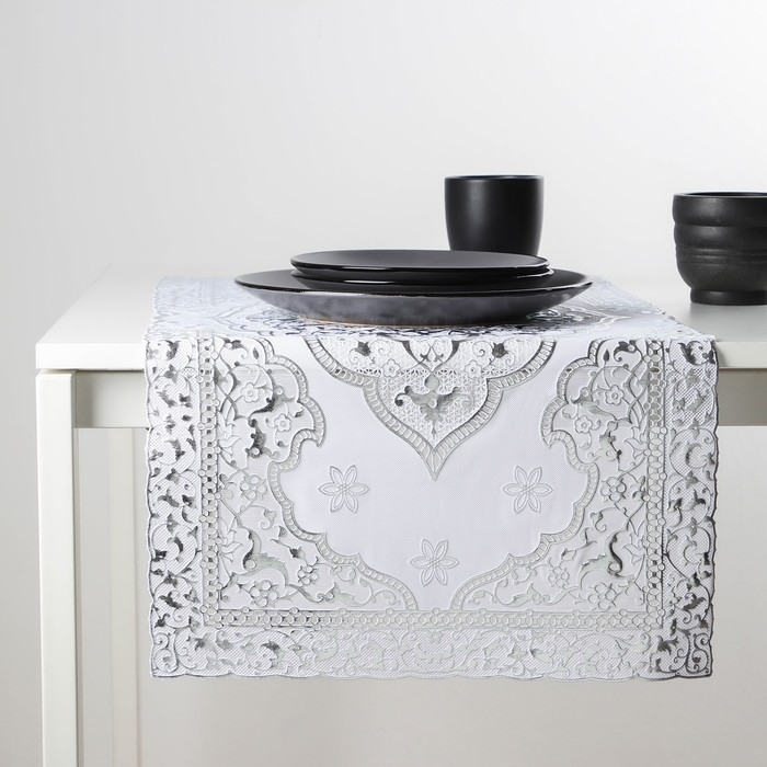 Салфетка сервировочная на стол «Восток», ажурная, 84×40 см, ПВХ, цвет серебряный Салфетка сервировочная на стол «Восток», ажурная, 84×40 см, ПВХ, цвет серебряный