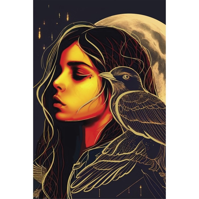 Алмазная мозаика на хеллоуин с частичным заполнением на холсте «Девушка с вороном»‎, 20 х 30 см