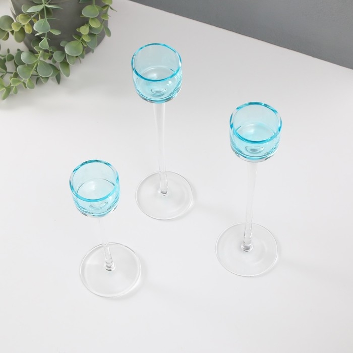 Подсвечник стекло набор 3 шт Подсвечник стекло набор 3 шт "Прозрачность мыслей" высота 26см-2шт., 20 см- 1шт. синий