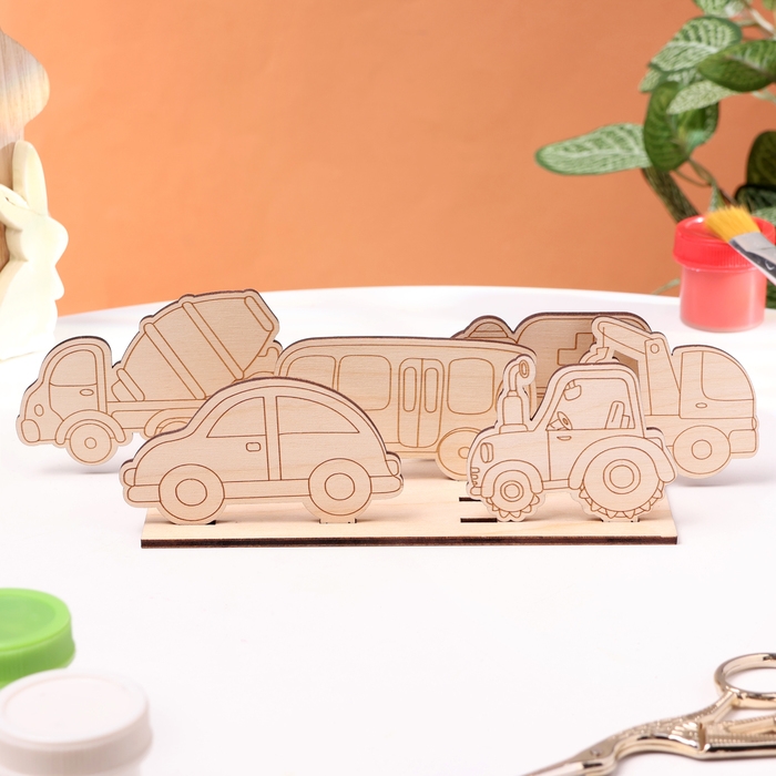 Деревянная объемная раскраска Деревянная объемная раскраска "Транспорт", 6 фигур, подставка