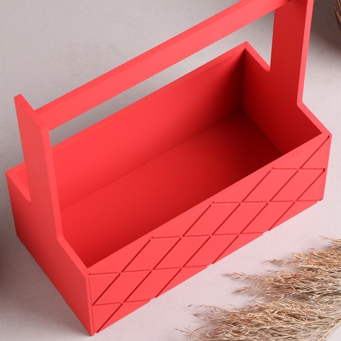 Кашпо деревянное "Эллада большая, сетка", с ручкой, красный, 25×12,5×10(25) см