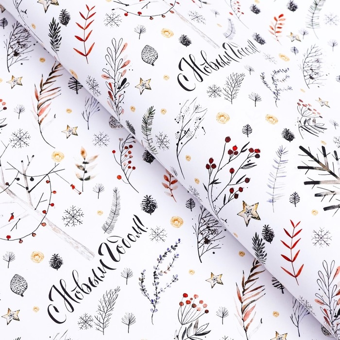 Новый год. Бумага упаковочная новогодняя глянцевая  Новый год. Бумага упаковочная новогодняя глянцевая "Веточки ", 70 х 100 см.