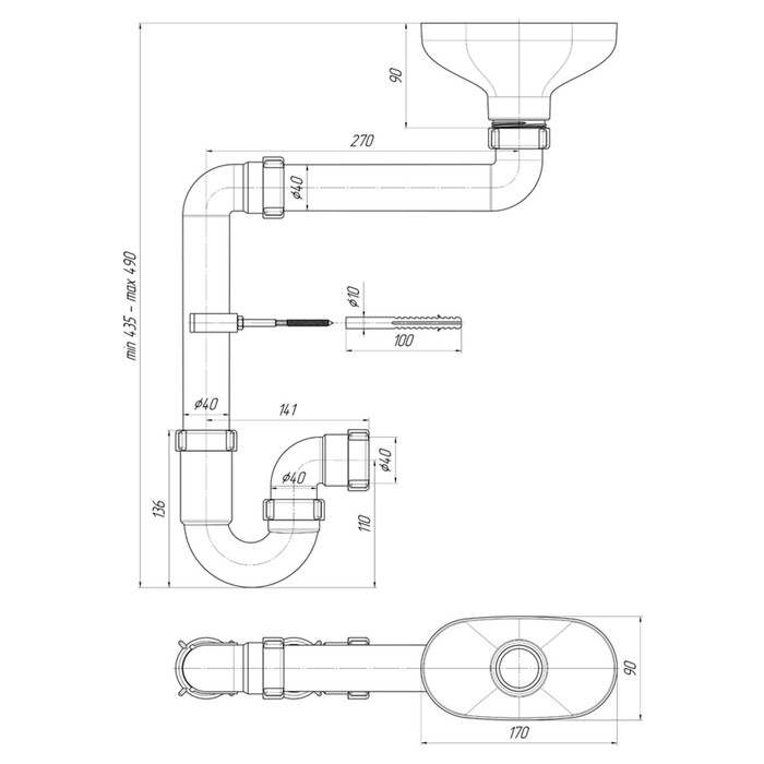Сифон для мойки Сифон для мойки "АНИ Пласт" DR5000, 1 1/2" х 40 мм, прямоточный, с разрывом струи, смещенный
