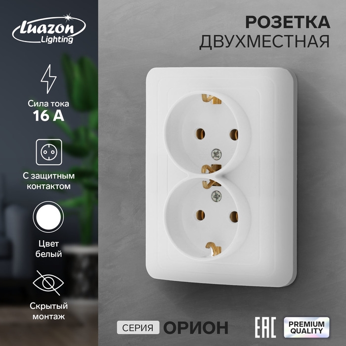 Розетка двухместная Luazon Lighting  Розетка двухместная Luazon Lighting "Орион", 16 А, скрытая, с з/к, белая