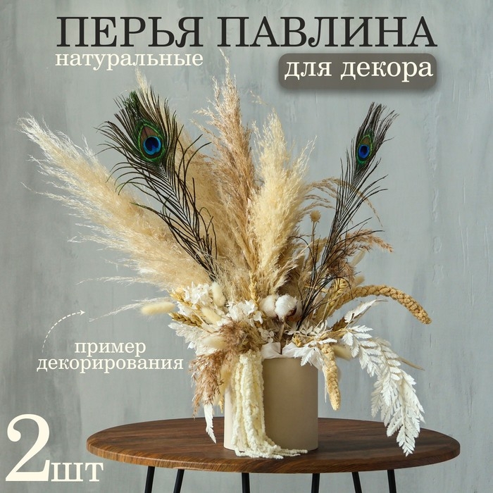 Перо павлина для декора, набор 2 шт., размер 1 шт. &mdash; от 40 до 50 см