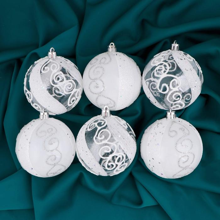 Набор шаров пластик d-8 см, 6 шт Набор шаров пластик d-8 см, 6 шт "Ажурные завитки" белый