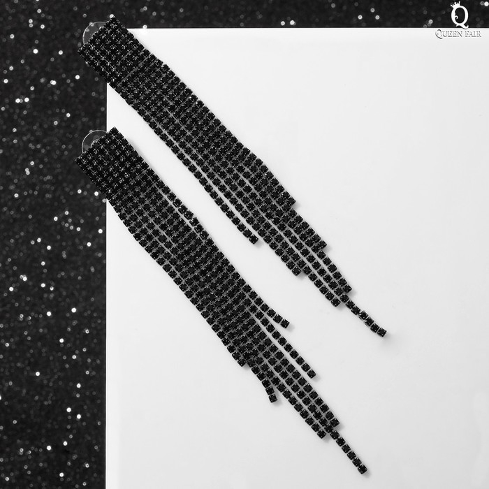 Серьги висячие со стразами «Водопад» на прямоугольнике, цвет чёрный в серебре, 8 см Серьги висячие со стразами «Водопад» на прямоугольнике, цвет чёрный в серебре, 8 см