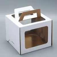 Коробка под торт 2 окна, с ручками, белая, + подложка 2.5 золото - белый, 24&times;24&times;20 см