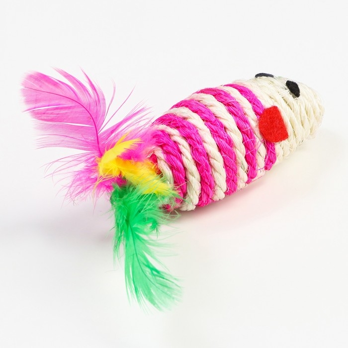 Мышь-погремушка сизалевая, 7 см, розовая/белая Мышь-погремушка сизалевая, 7 см, розовая/белая