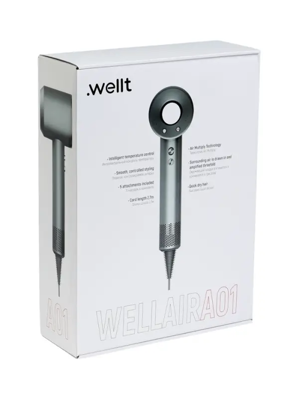 Фен WELLT A01 WELLAIR, 1600 Вт, 5 насадок, 3 скорости, 4 температурных режима, ионизация, серый Фен WELLT A01 WELLAIR, 1600 Вт, 5 насадок, 3 скорости, 4 температурных режима, ионизация, серый