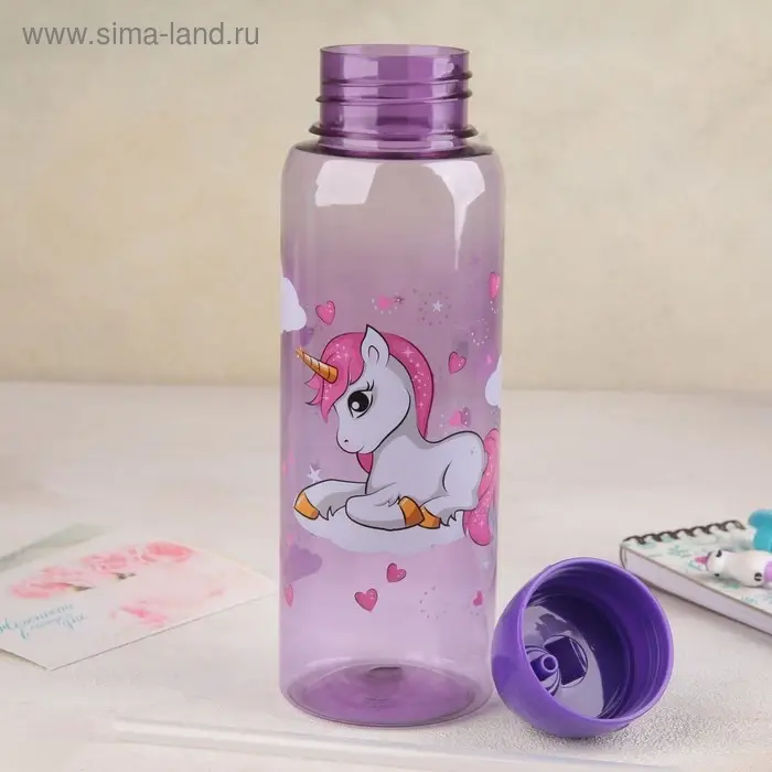 Бутылка для воды &laquo;Единороги&raquo;, с трубочкой, 850 мл, МИКС