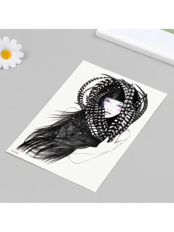 Переводная тату на тело цветная «Девушка в перьях», 21×14.8 см