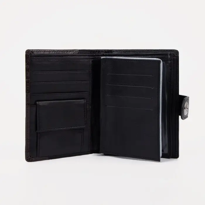 Портмоне мужское на кнопке, 3 в 1, для автодокументов и паспорта, 2 отдела, для карт, для монет, цвет чёрный/кофе Портмоне мужское на кнопке, 3 в 1, для автодокументов и паспорта, 2 отдела, для карт, для монет, цвет чёрный/кофе