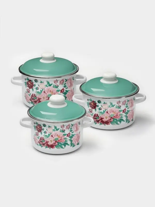 Набор эмалированных кастрюль &laquo;Армель&raquo;, 3 шт.: 2 л, 3 л, 4 л, индукция, белый, зелёный