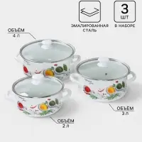 Кастрюли эмалированные &laquo;Куркума&raquo;, набор 3 шт., 2 л, 3 л, 4 л, с деколью, белые
