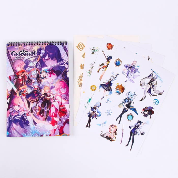Творческий блокнот «По следам грома» «Геншин» cо стикерами и переводными татуировками, A4 Творческий блокнот «По следам грома» «Геншин» cо стикерами и переводными татуировками, A4