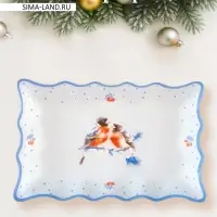 Блюдо сервировочное новогоднее Доляна «Снегири на ветке"», 25×16 см, стекло, белое, голубое