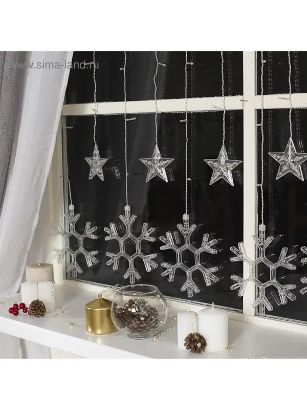 Гирлянда &laquo;Бахрома&raquo; 2.4&times;0.9 м с насадками &laquo;Снежинки&raquo;, IP20, прозрачная нить, 150 LED, свечение мульти, 8 режимов, 220 В