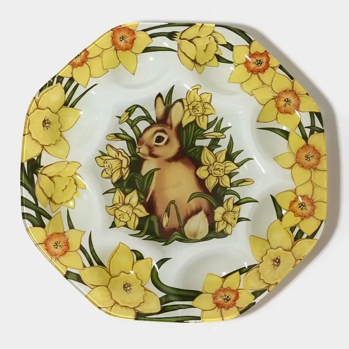 Подставка для яиц Доляна &laquo;Кролик в цветах&raquo;, 8 ячеек, 22&times;22 см, стекло, жёлтая