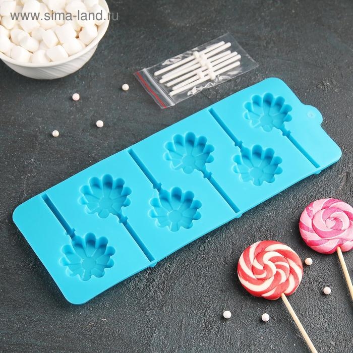 Форма для леденцов Доляна «Ромашка», силикон, 9,5×24×1 см, 6 ячеек (d=3,8 см), с палочками, цвет МИКС Форма для леденцов Доляна «Ромашка», силикон, 9,5×24×1 см, 6 ячеек (d=3,8 см), с палочками, цвет МИКС