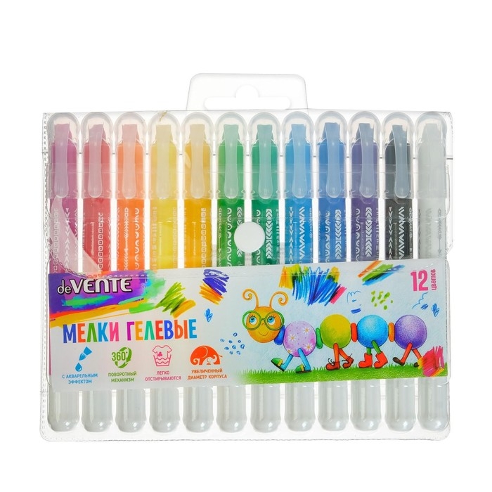 Мелки гелевые 12 цветов deVENTE, супермягкие, с акварельным эффектом, пластиковый корпус с поворотным механизмом, в блистере Мелки гелевые 12 цветов deVENTE, супермягкие, с акварельным эффектом, пластиковый корпус с поворотным механизмом, в блистере