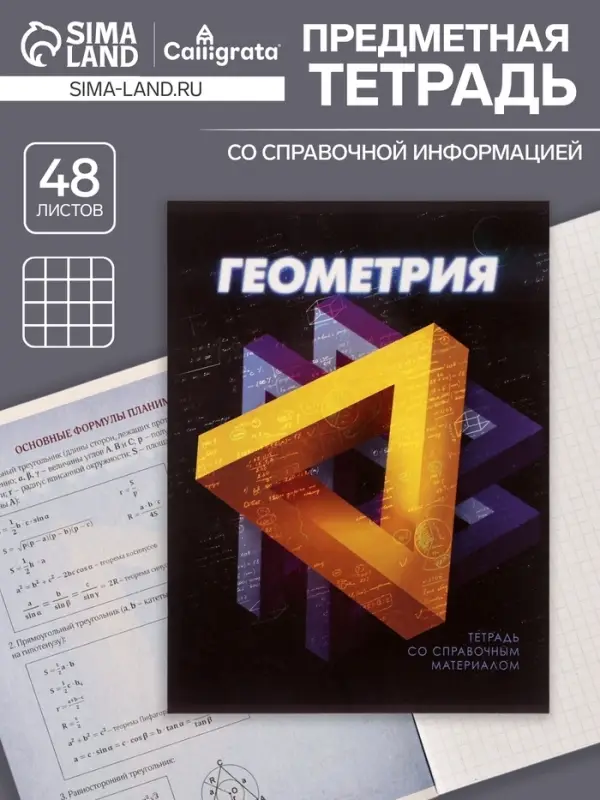 Тетрадь предметная 48 листов в клетку Calligrata «3D. Геометрия», серые листы