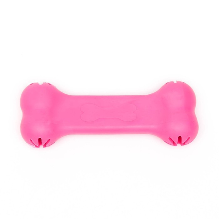 Игрушка жевательная "Вкусная кость" с отверстиями для лакомств, TPR, 11 см, розовая