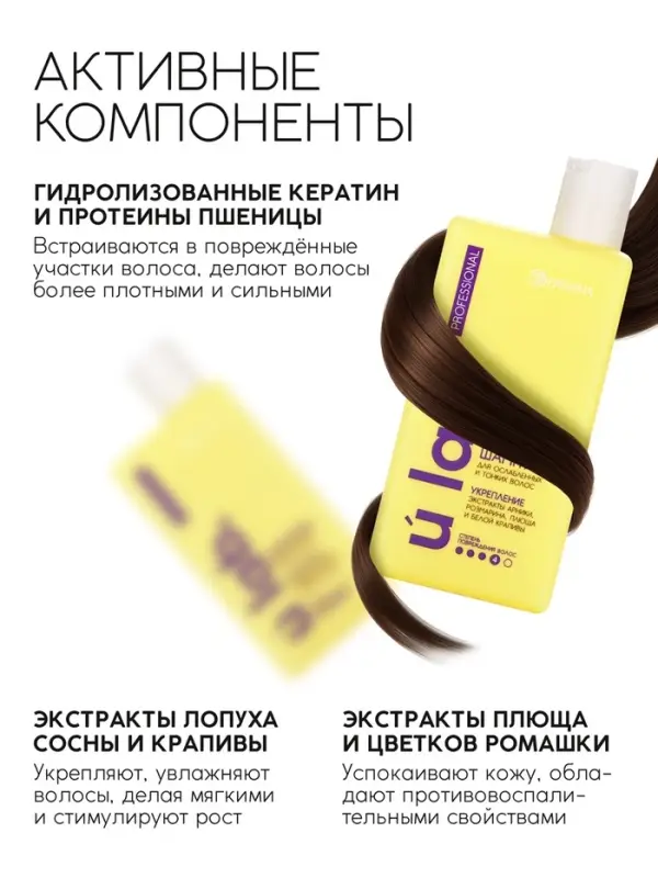 Профессиональный укрепляющий шампунь женский, для ломких волос с комплексом масел и экстрактов, 250 мл ULAB