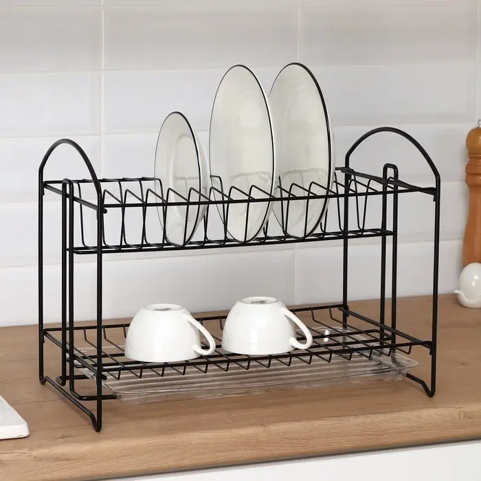 Сушилка для посуды с поддоном 2-х ярусная, разборная, 39.5&times;24&times;29.5 см, чёрная